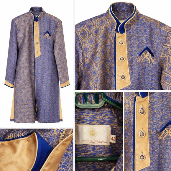 Men’s Blue & Gold Embroidered Kurta Indian Formal Size 42 EUC - Picture 1 of 1